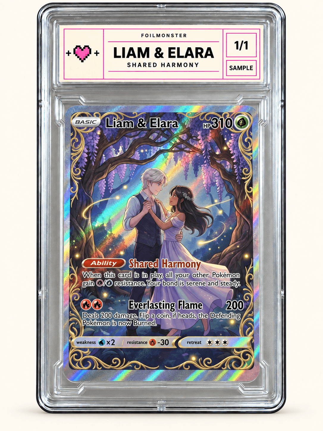Shared Harmony: a couple’s personalized holographic card in a clear protective slab