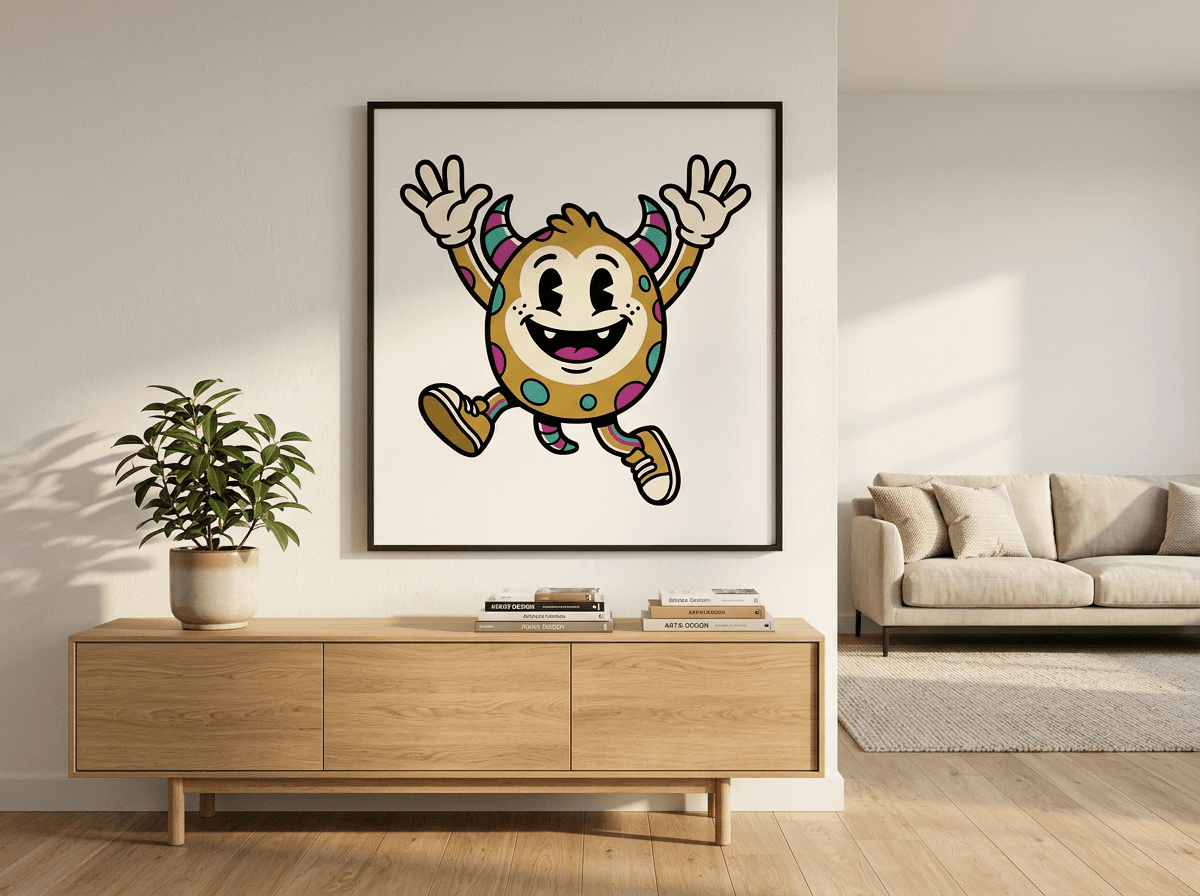 A framed FOILMONSTER poster printed edge to edge, hanging on a gallery wall