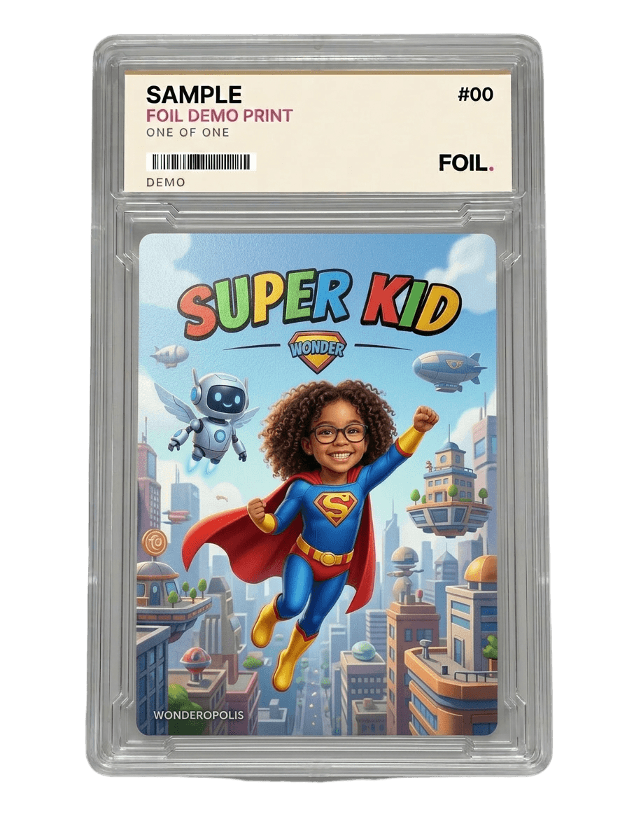 Super Kid sample card in a numbered acrylic slab