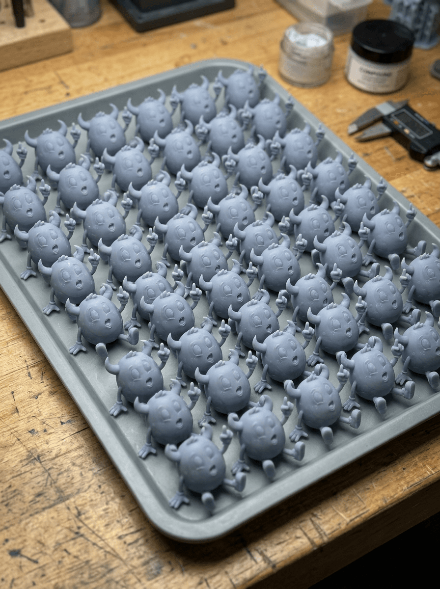A production run of identical printed parts in a tray