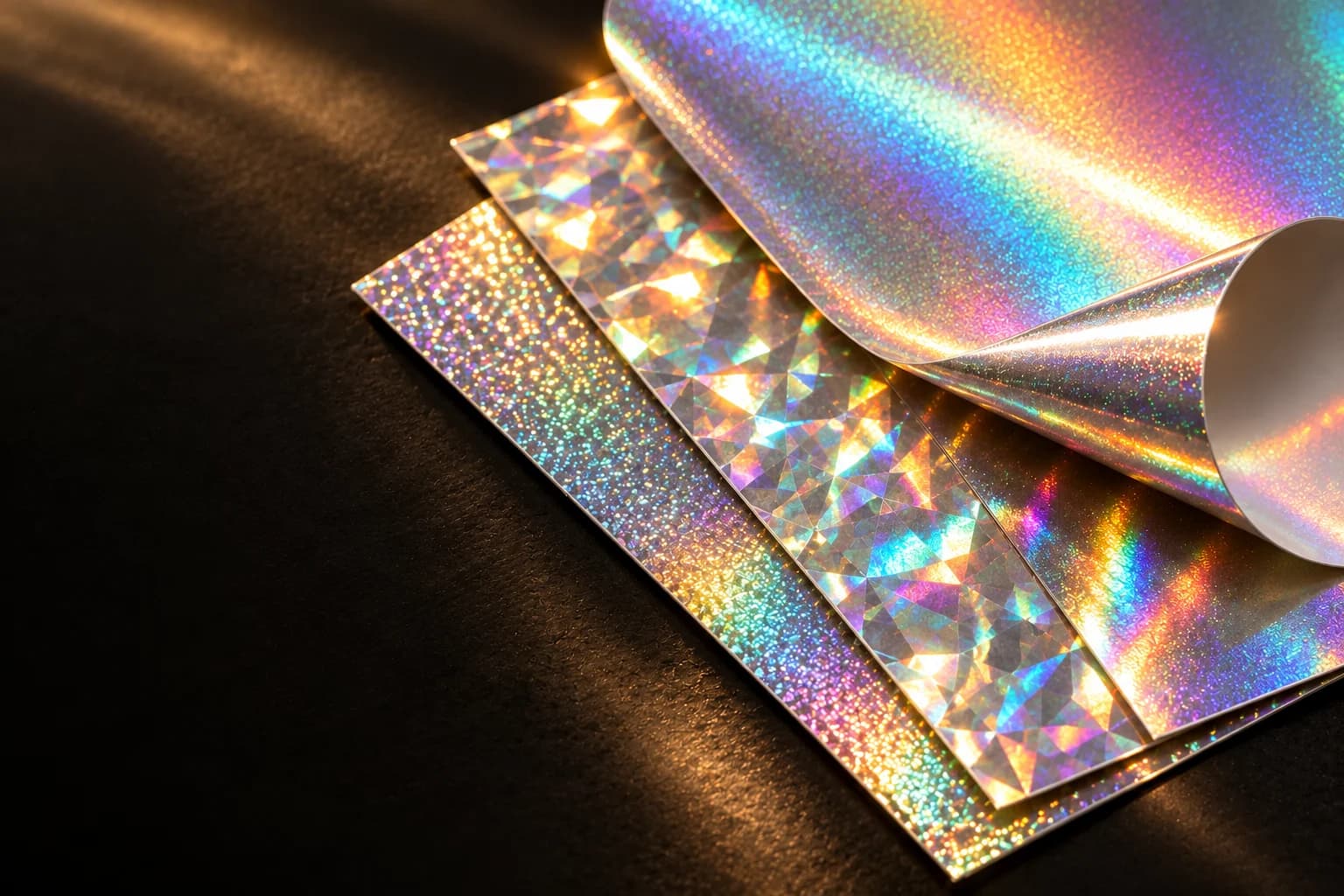 Macro illustration of silver, cracked ice and sparkling holographic vinyl catching the light