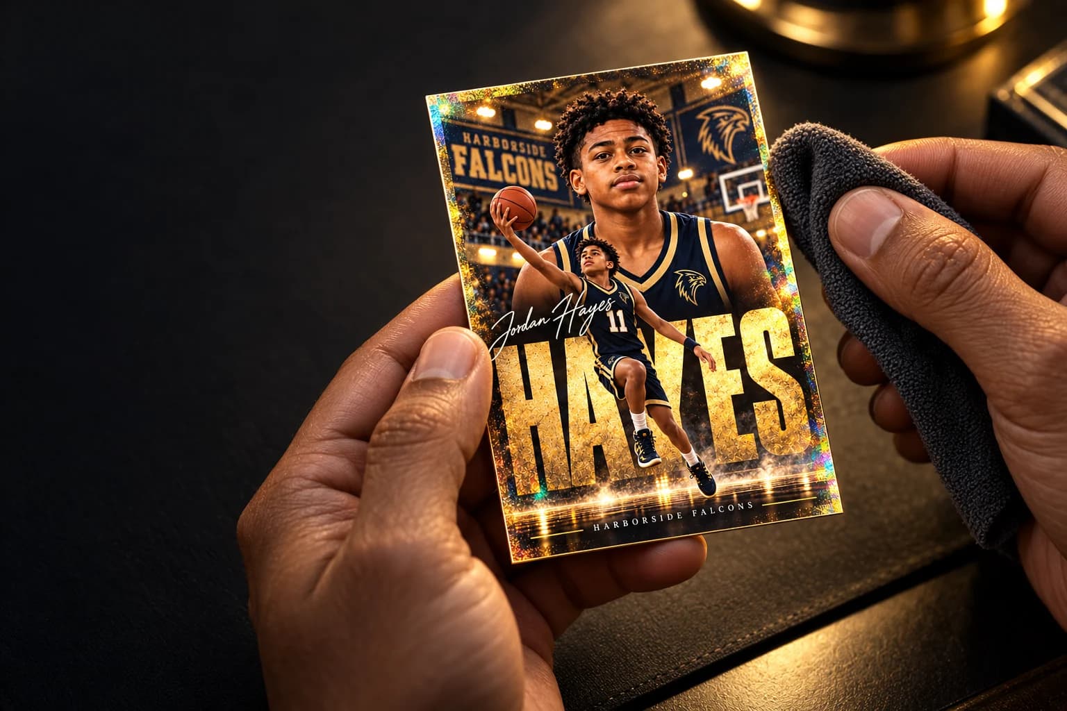Illustration of artisan hands carefully finishing and inspecting a custom basketball card